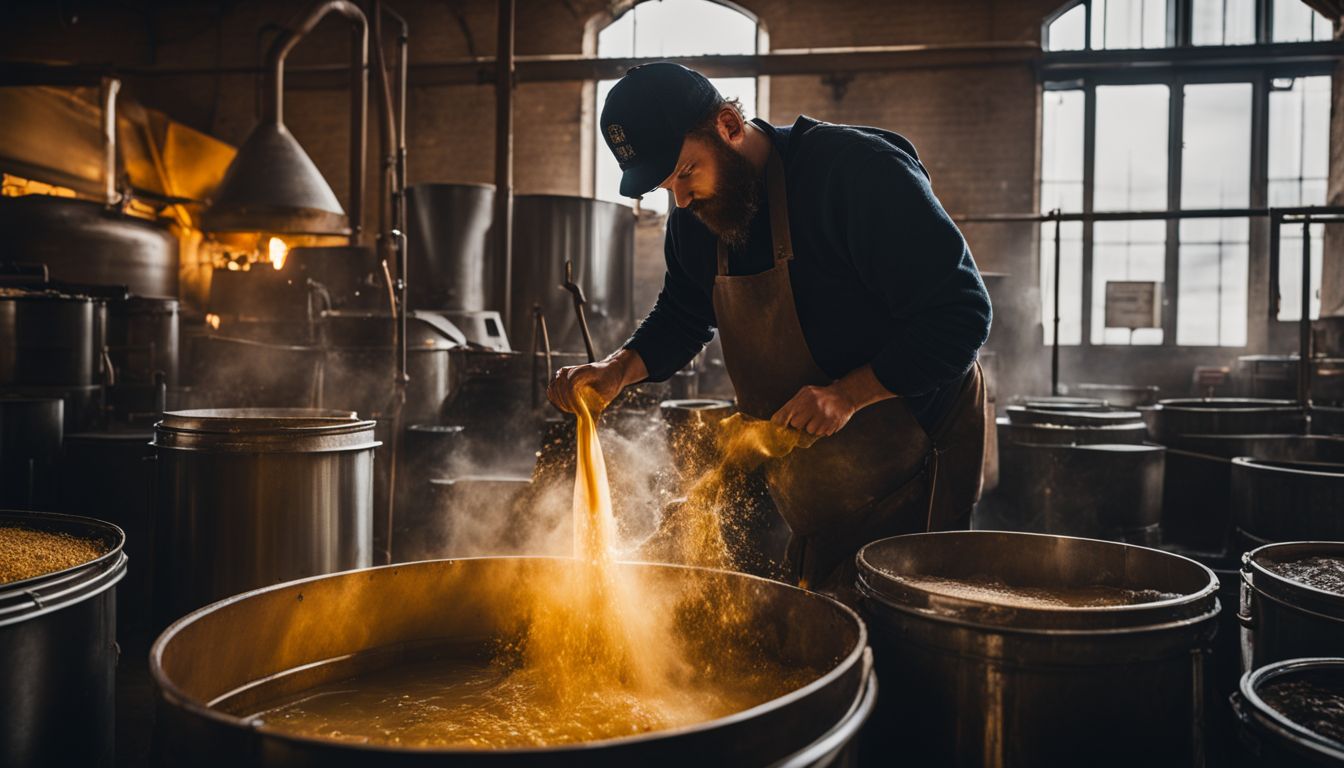 A brewer stirring boiling wort in a traditional brewery documentary.