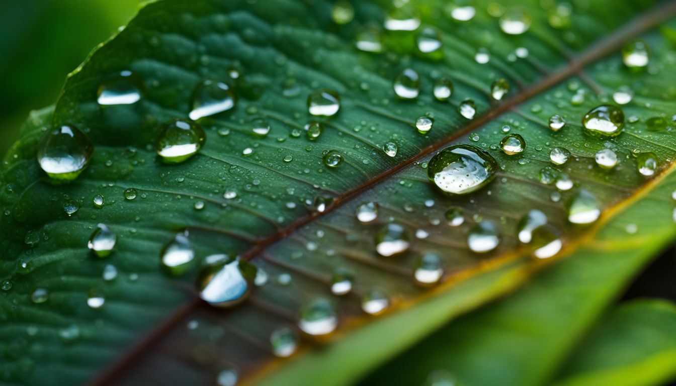 A macro photo of water droplets on a leaf with diverse subjects.