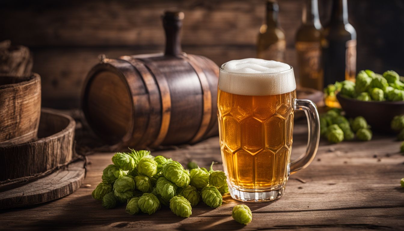 A photo of a glass of ale with hops on a wooden table.