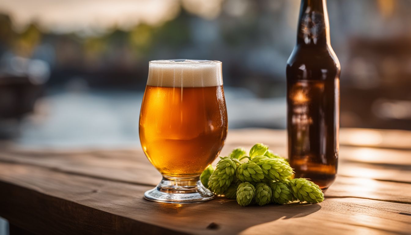 A photo of a glass of beer with hops and barley.
