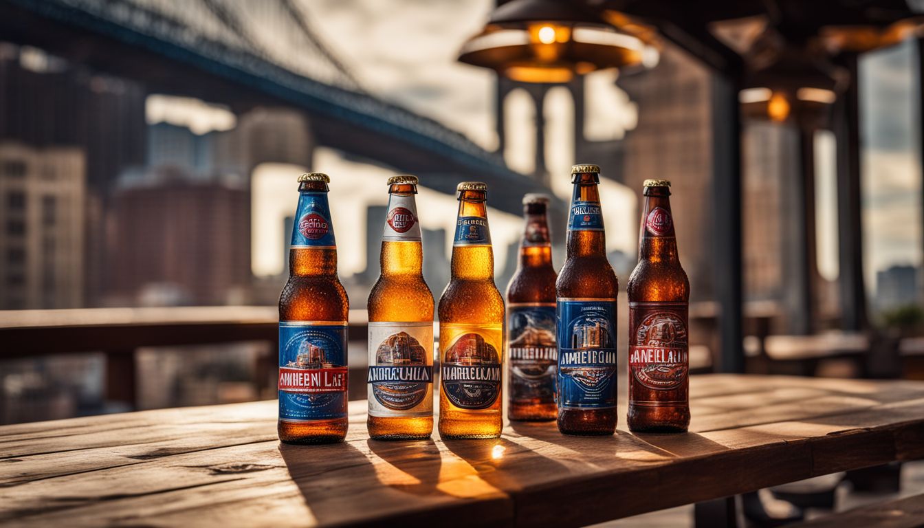 A photo of American Lager bottles with a cityscape backdrop.