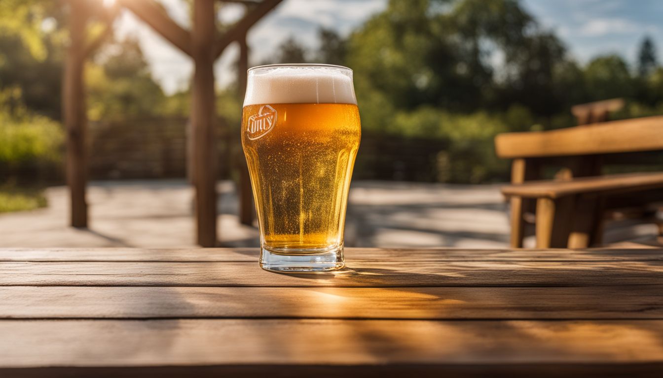 A photo of a glass of beer with various people and backgrounds.