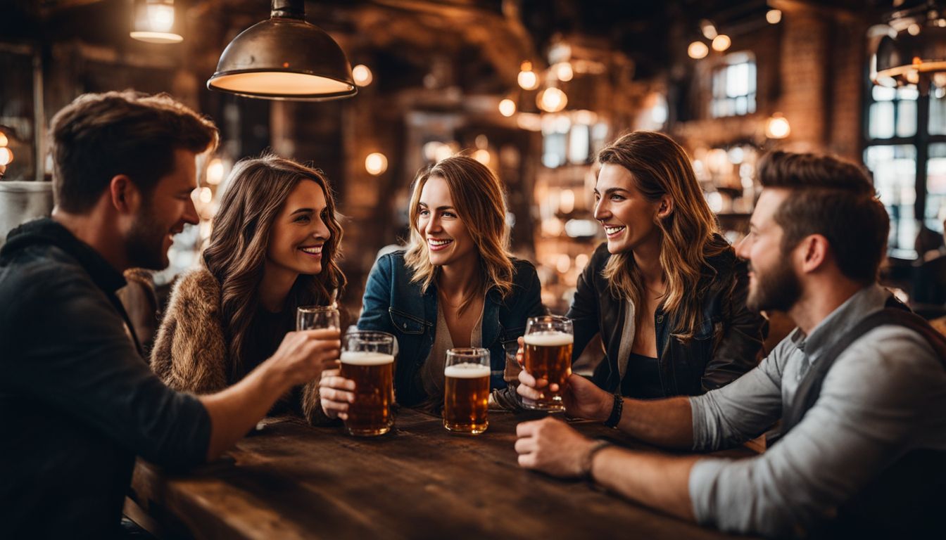 A diverse group of friends enjoying beer at a rustic brewery.