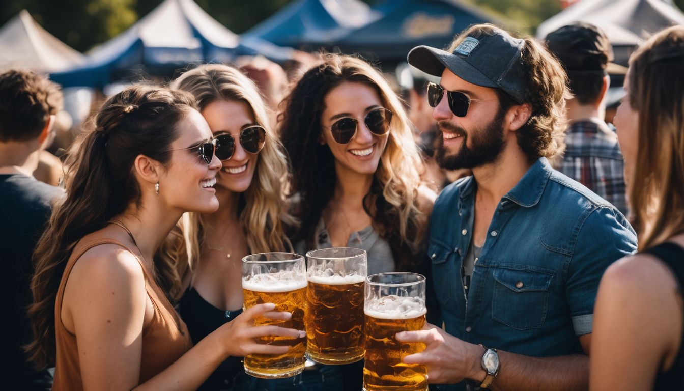 Group of friends enjoying diverse beers at outdoor festival.