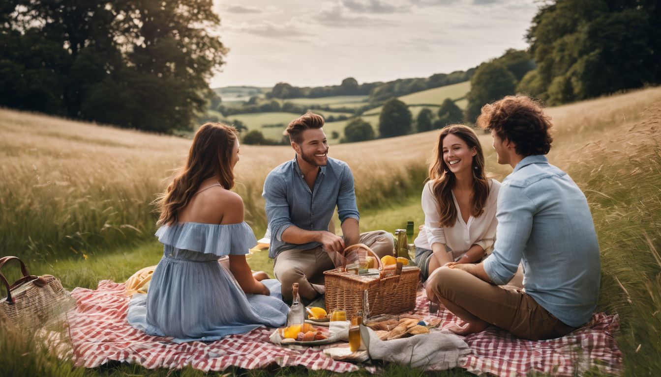 A diverse group of friends enjoying a sunny picnic in the English countryside.