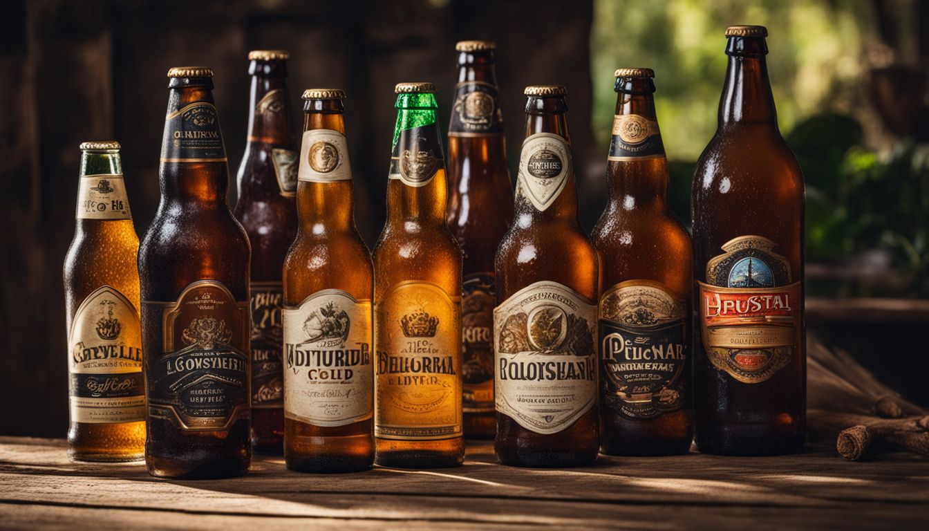 Photo showcasing beer bottles, glasses, and people in different styles and settings.