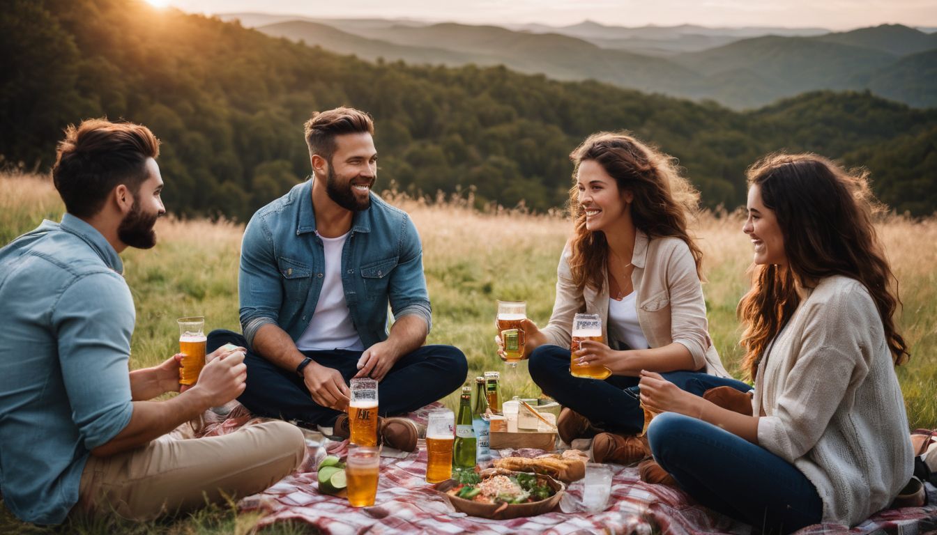 A diverse group of friends enjoying a picnic with beer.