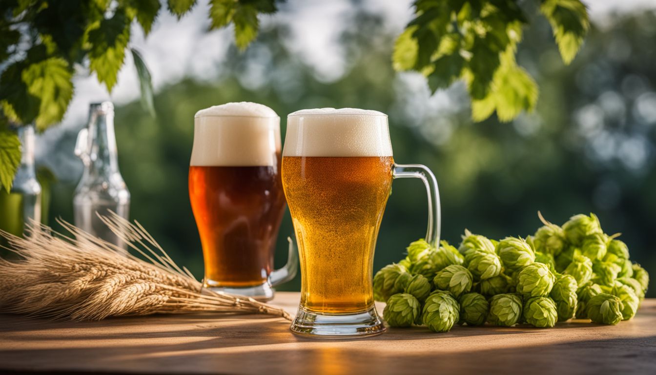 Photo of two glasses of beer surrounded by hops and barley.