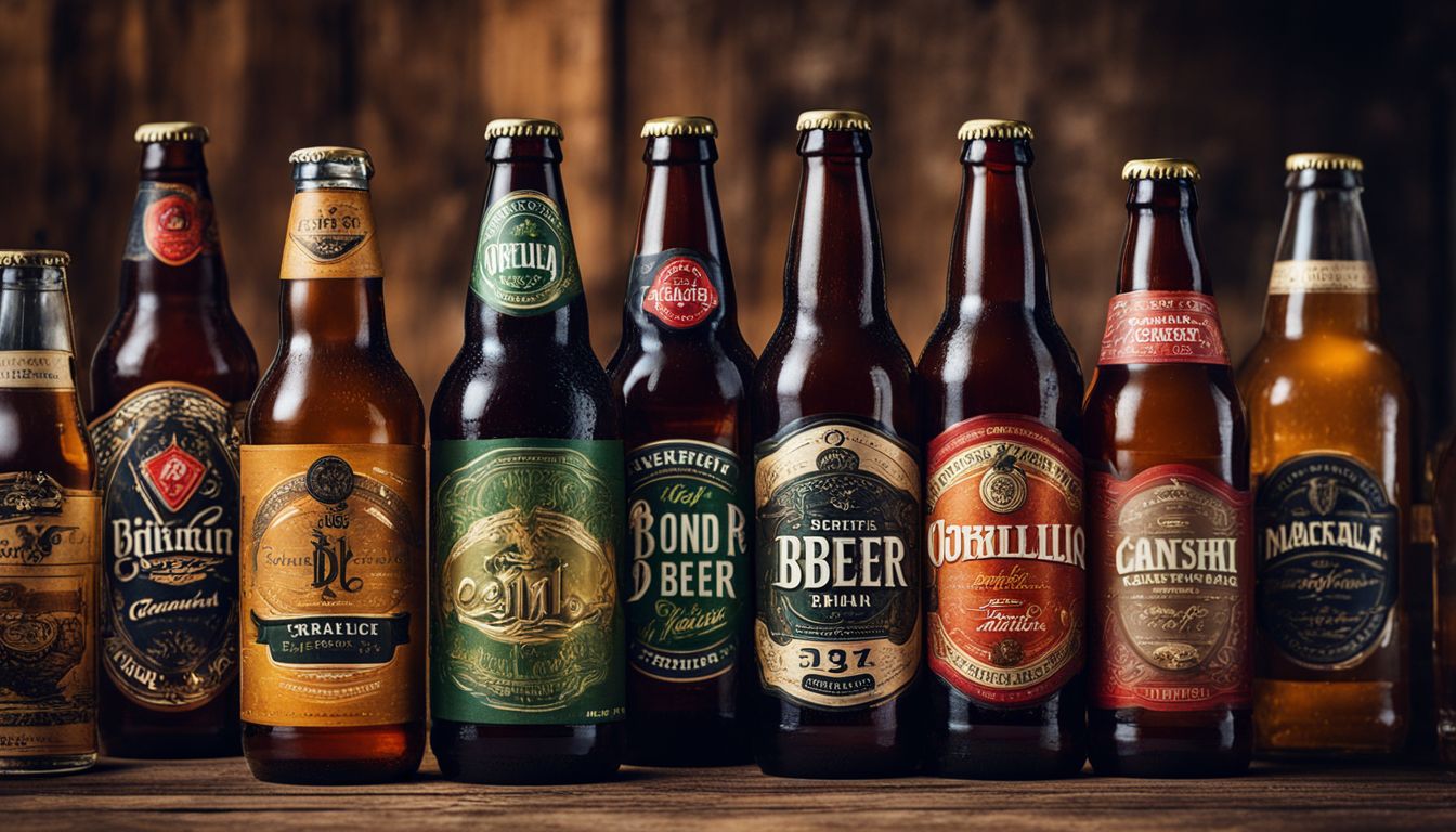 Close-up of craft beer bottles and cans showcasing popular brands.