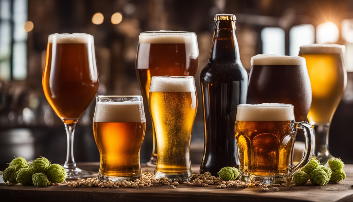 Photo of different beer styles, surrounded by hops and barley.