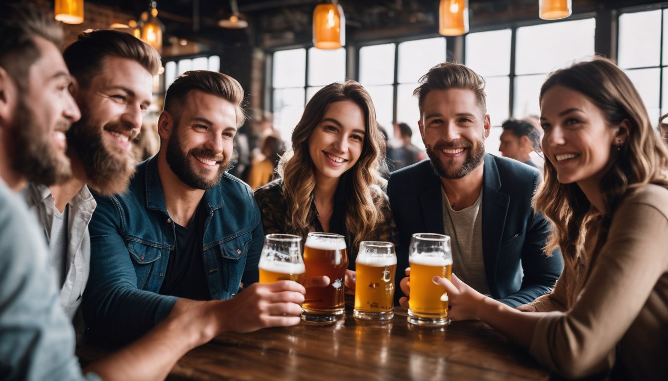 Group of friends enjoying craft beers at a trendy brewery.