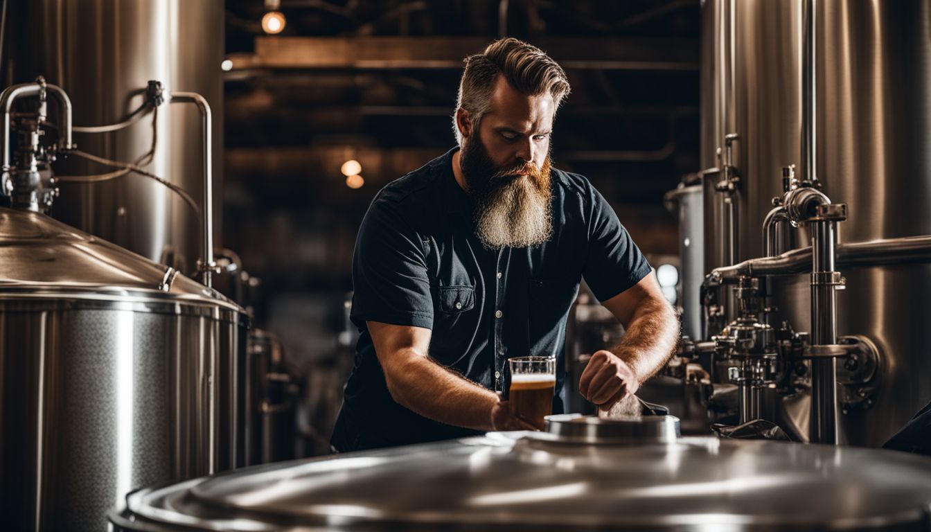 A brewmaster examines beer in a rustic microbrewery with varied faces and styles.