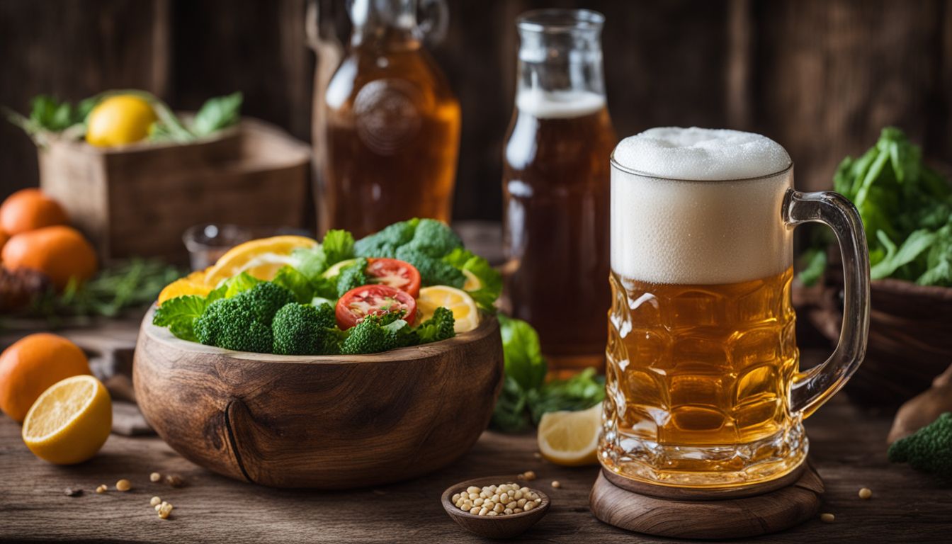 A wooden beer mug and fresh ingredients on a rustic table.