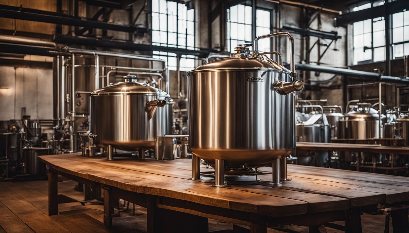 Photo of stainless steel brew kettle in well-lit brewery with diverse people and equipment.
