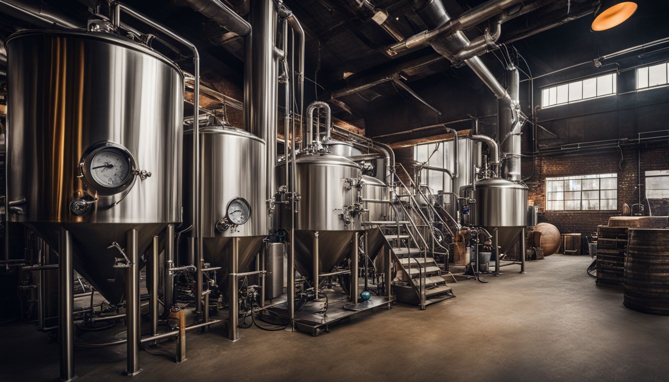 A brewery scene with various people and equipment in sharp focus.