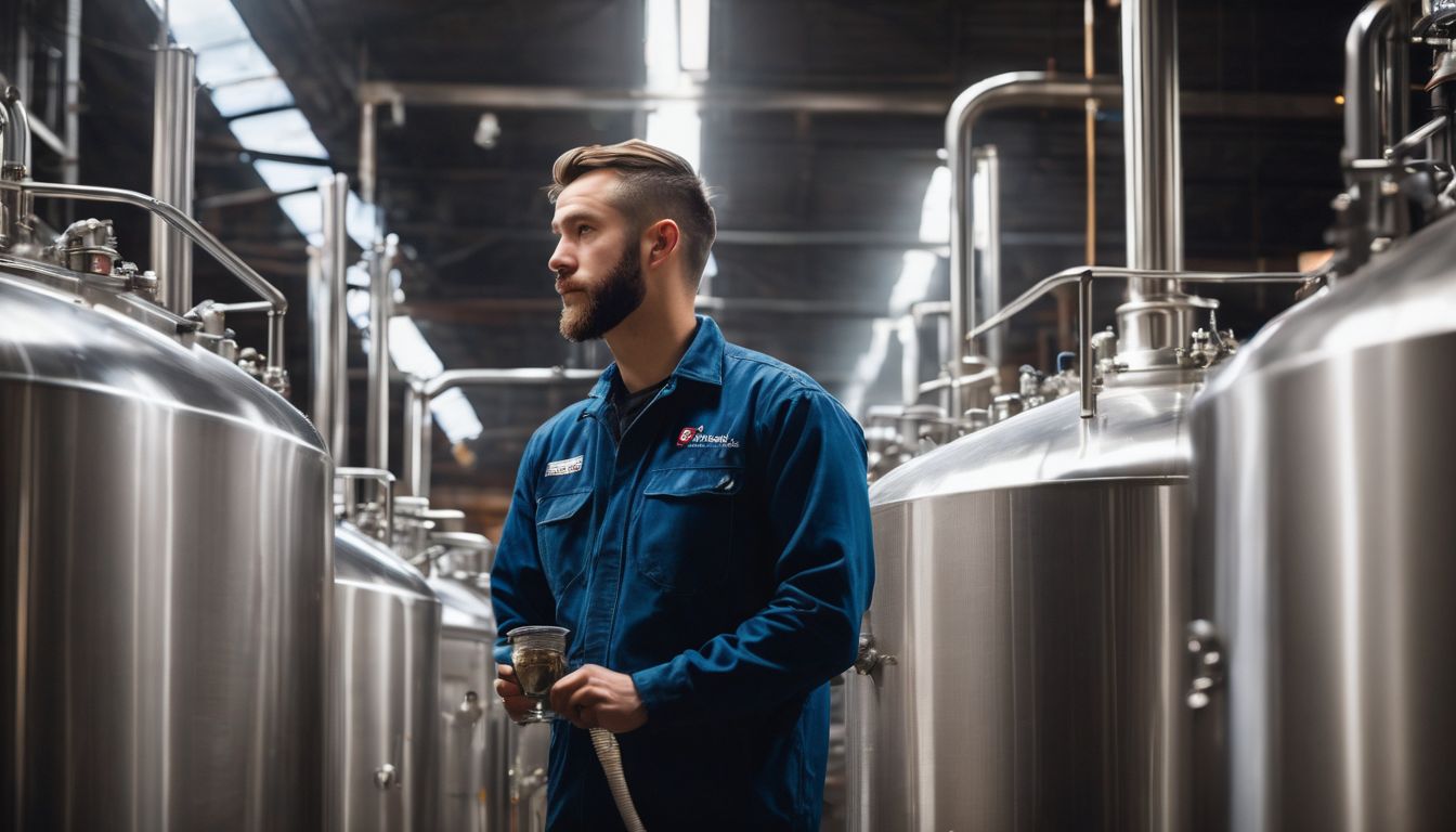 A brewery worker inspecting stainless steel fermentation tanks in a bustling atmosphere.