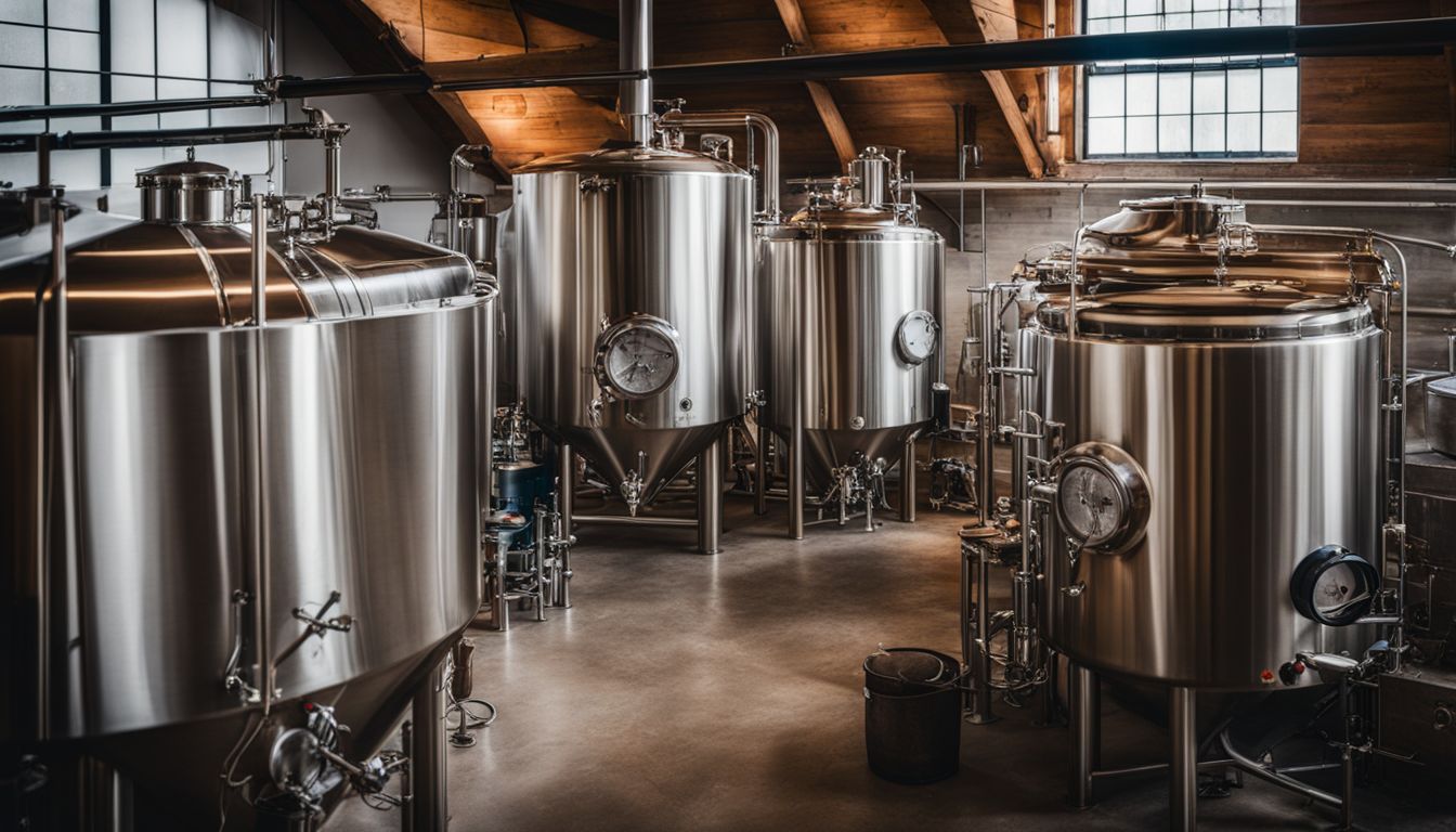 A photo of a stainless steel fermenter surrounded by brewing equipment and ingredients.