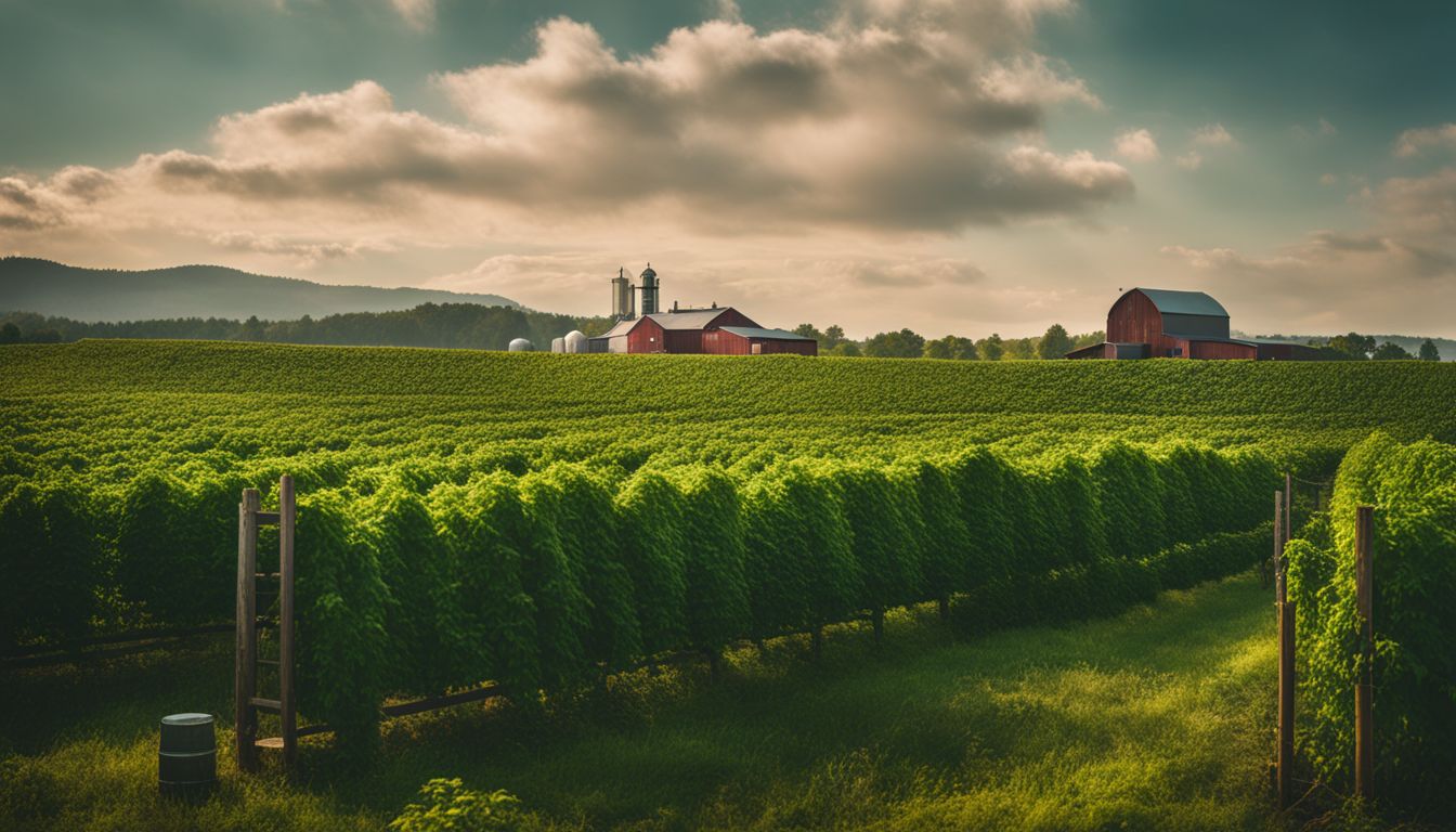 A photo of a hop field with a brewery in the background.