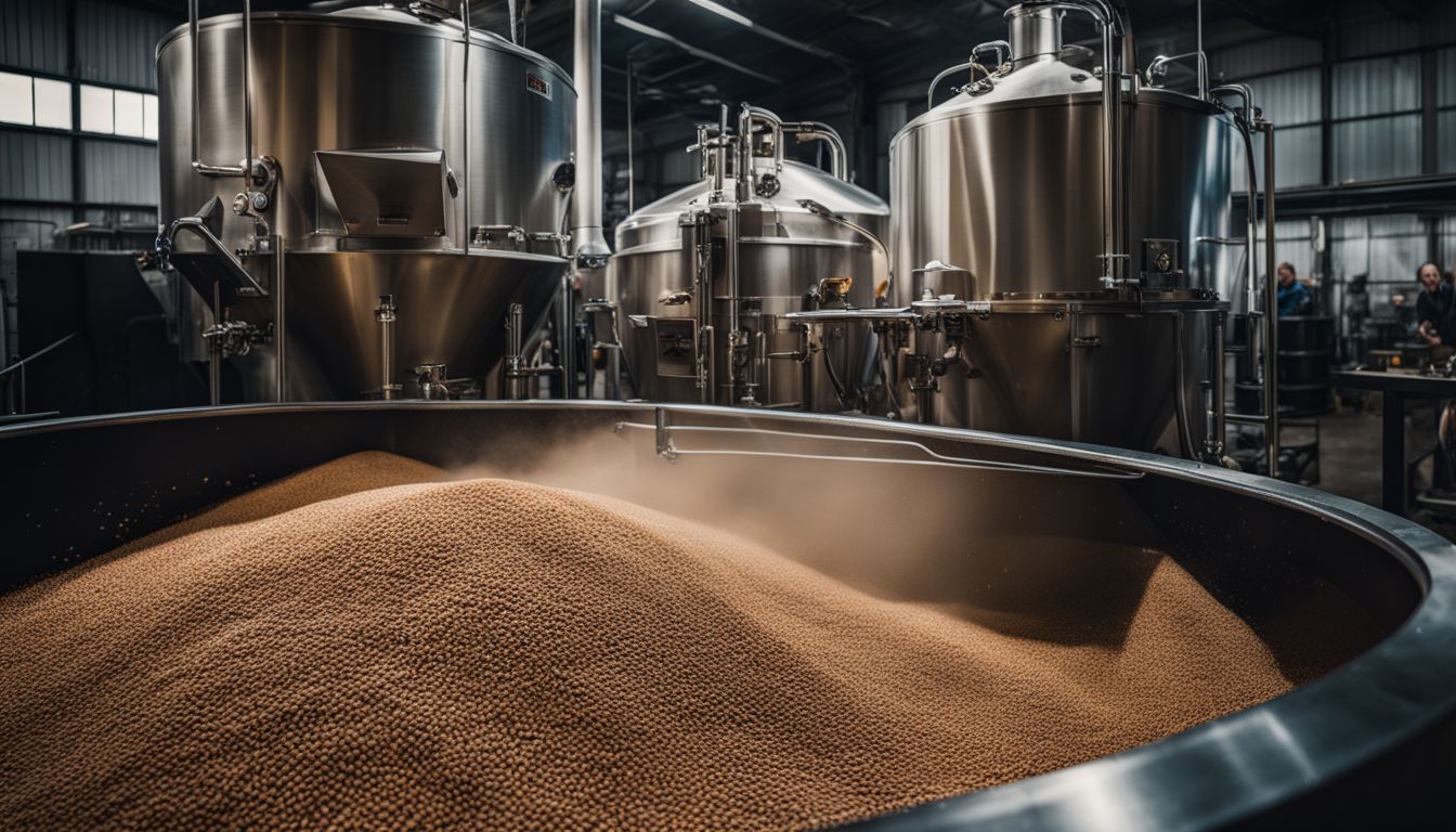 A photo of a busy brewery with people, equipment, and ingredients.