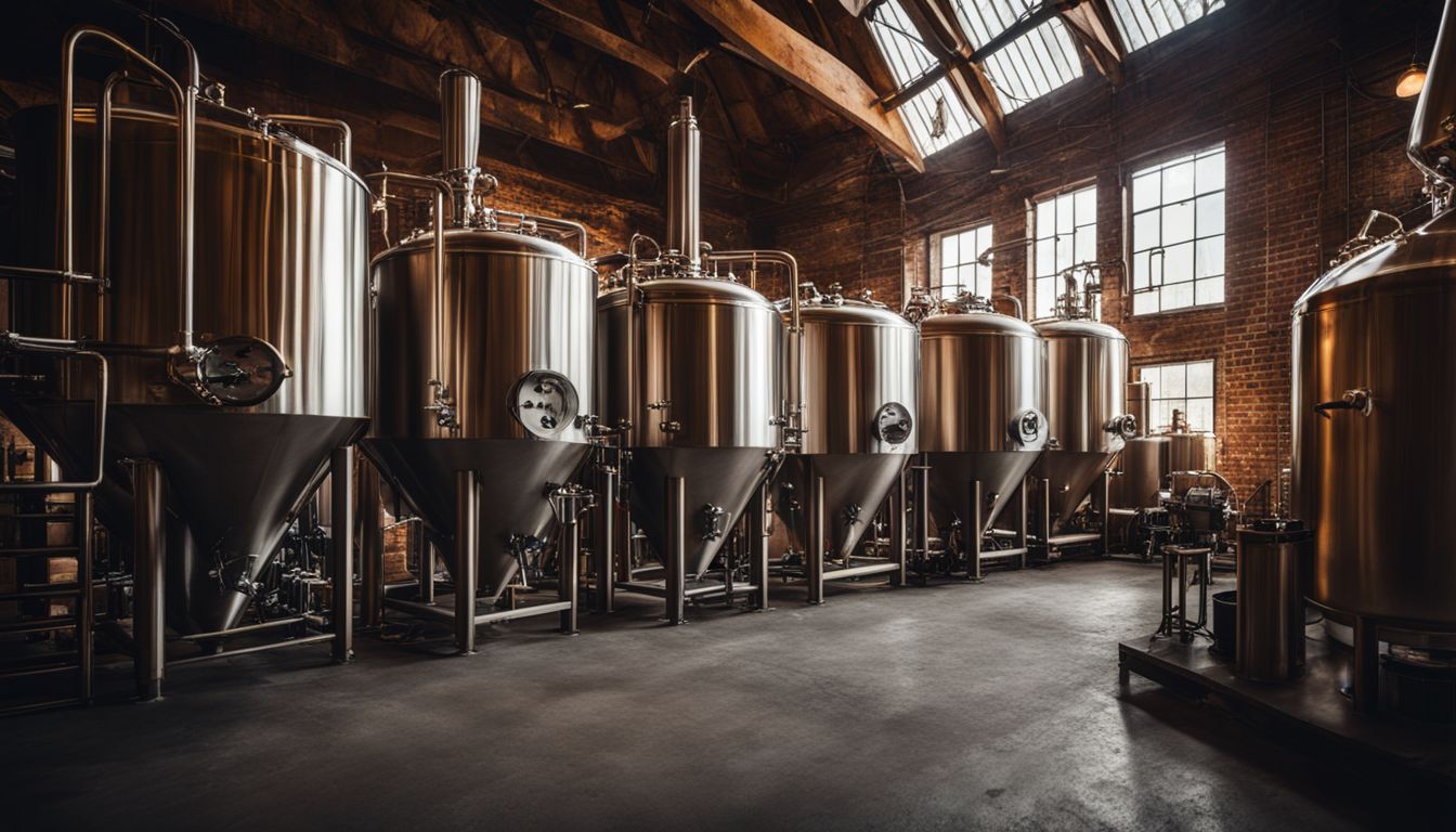 Photo of beer brewing equipment and people in a rustic brewery.