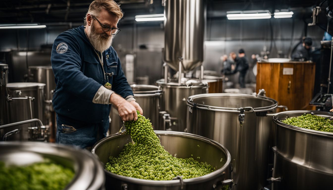 A brewer adding hops to a boiling wort in a brew kettle.