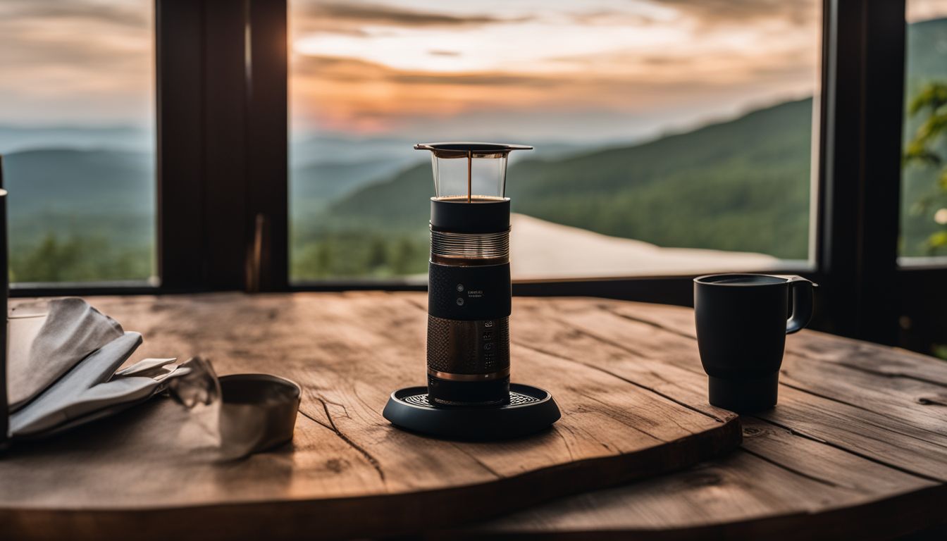 A well-styled photo featuring an AeroPress, coffee, and a scenic view.