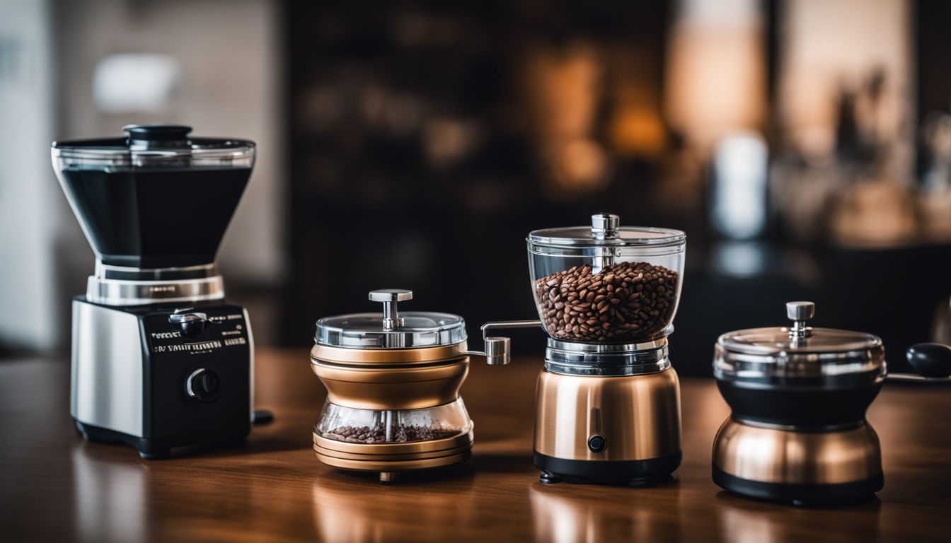 Close-up of coffee grinder with various grind sizes and diverse subjects.