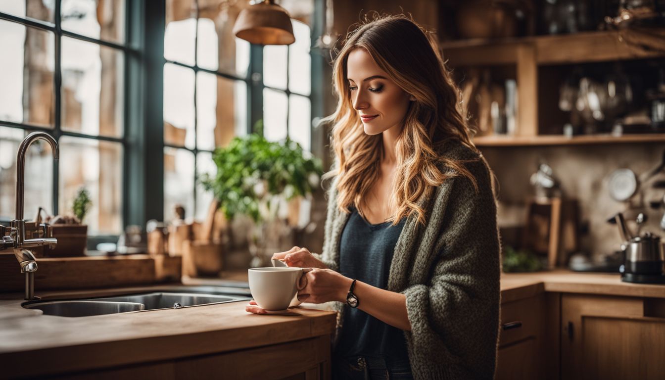 A person holding coffee in a cozy kitchen with diverse backgrounds.