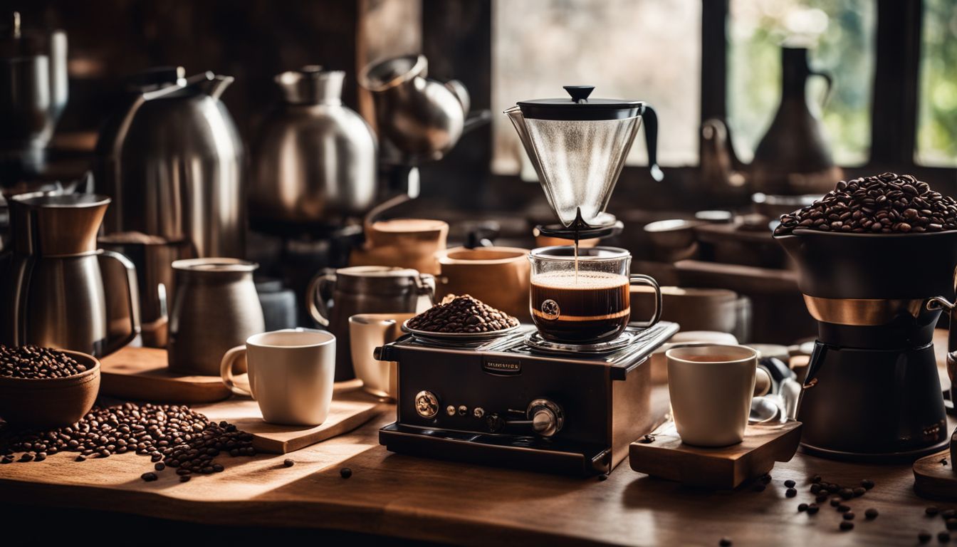 Collection of coffee brewing equipment surrounded by coffee beans and cup.