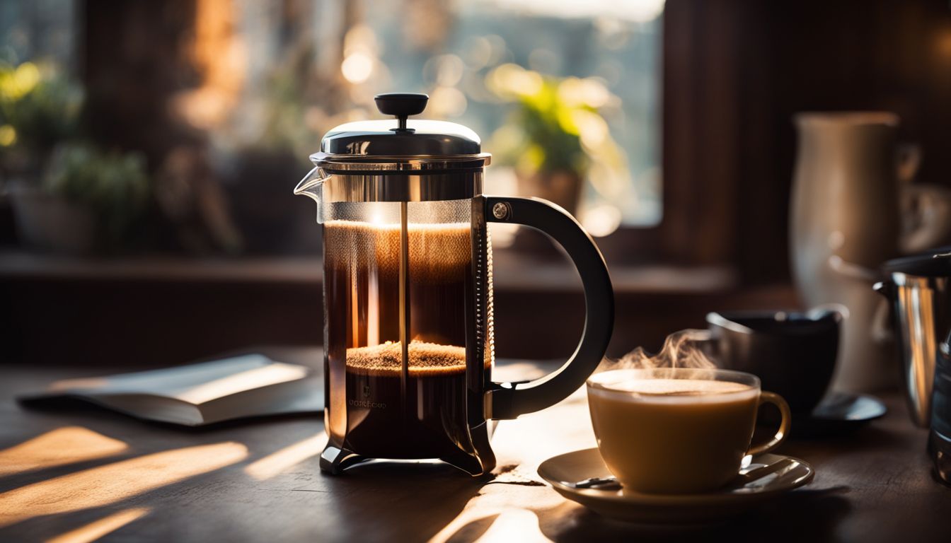 A close-up of a French press coffee with natural lighting.