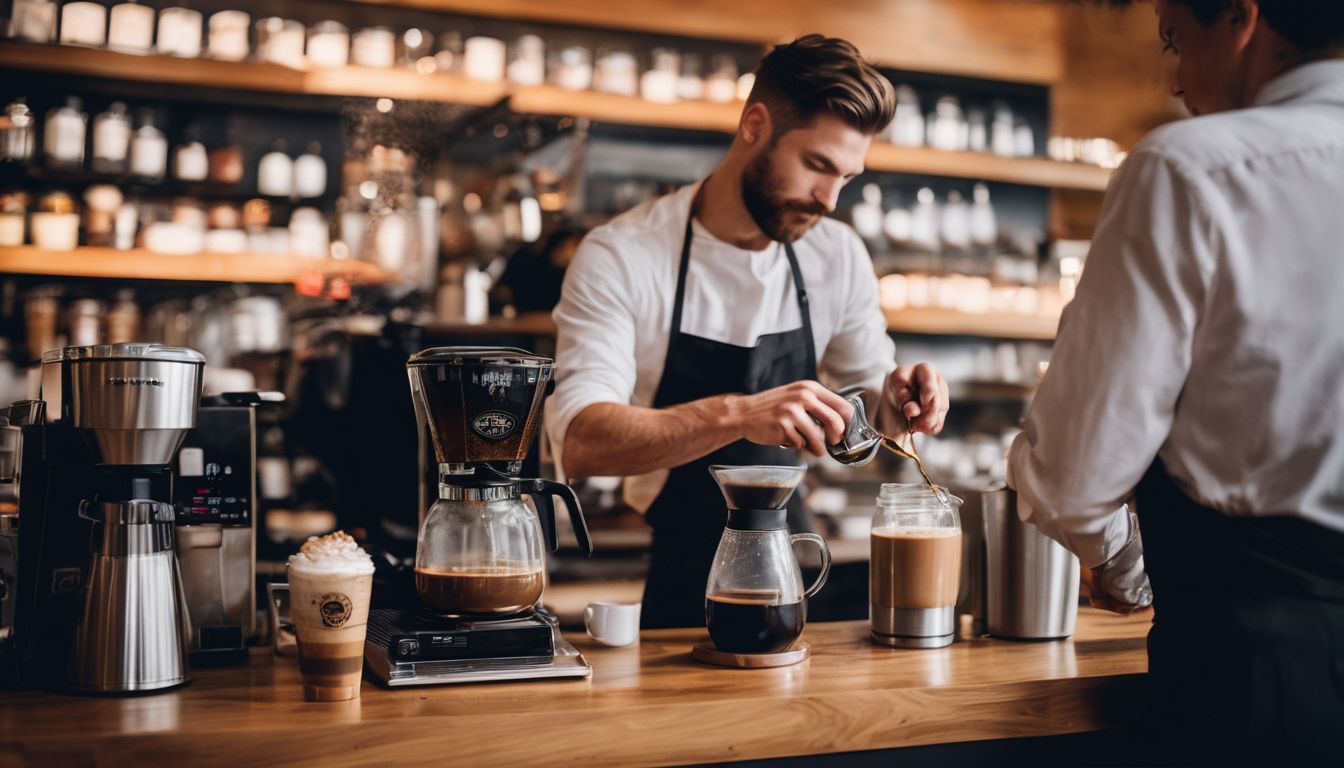 A barista pours coffee in a busy, stylish coffee shop.