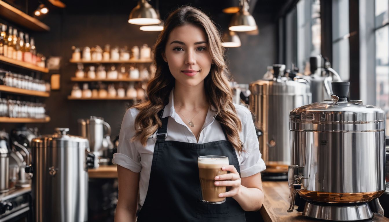 A person in a coffee shop with brewing equipment and cityscape photography.