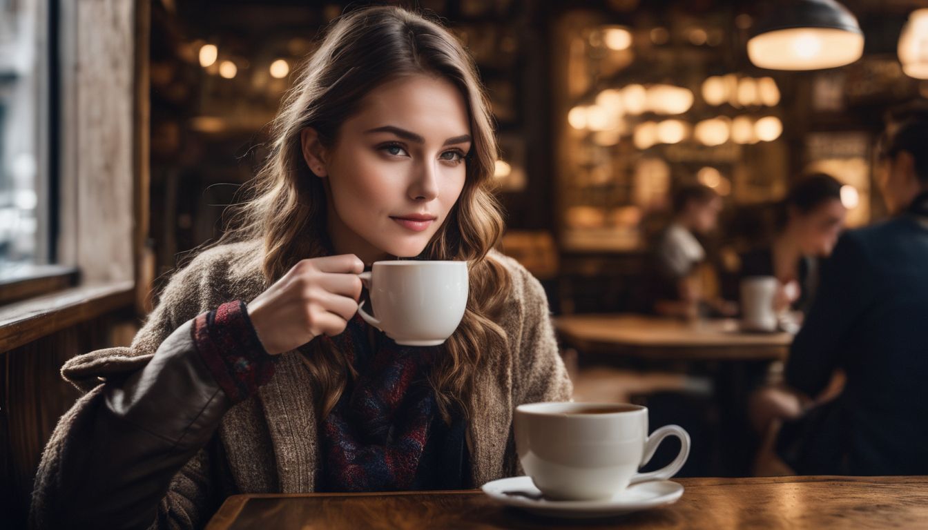 A Caucasian woman enjoying coffee in a cozy cafe setting.