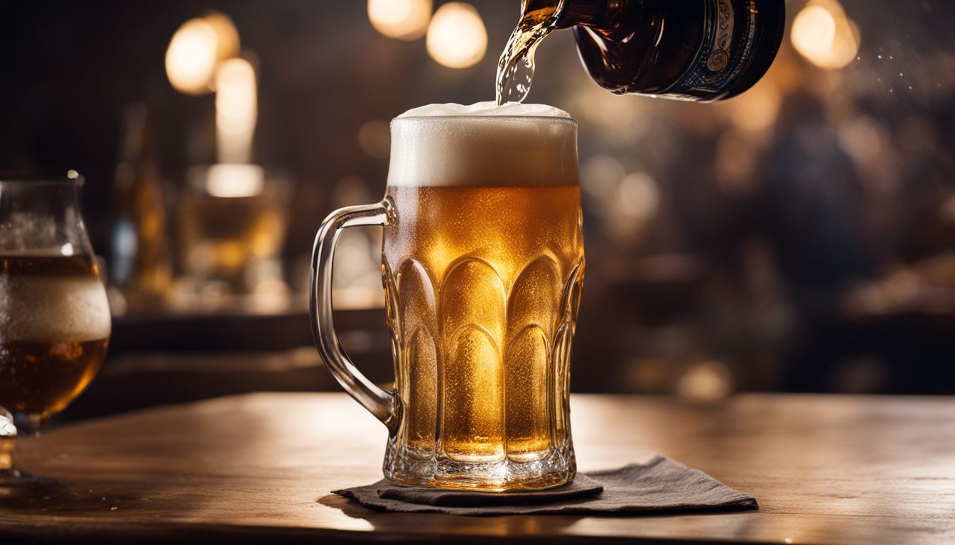 A photo of a clear beer being poured into a mug.