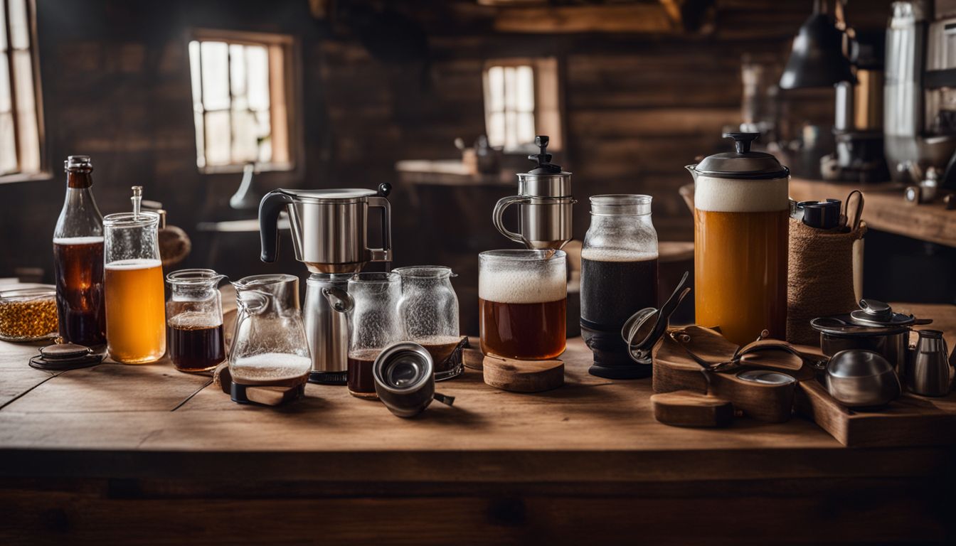 A photo of brewing equipment arranged neatly on a wooden table.