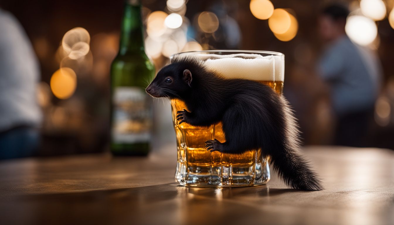 A skunk photobombs a glass of beer in wildlife photography.