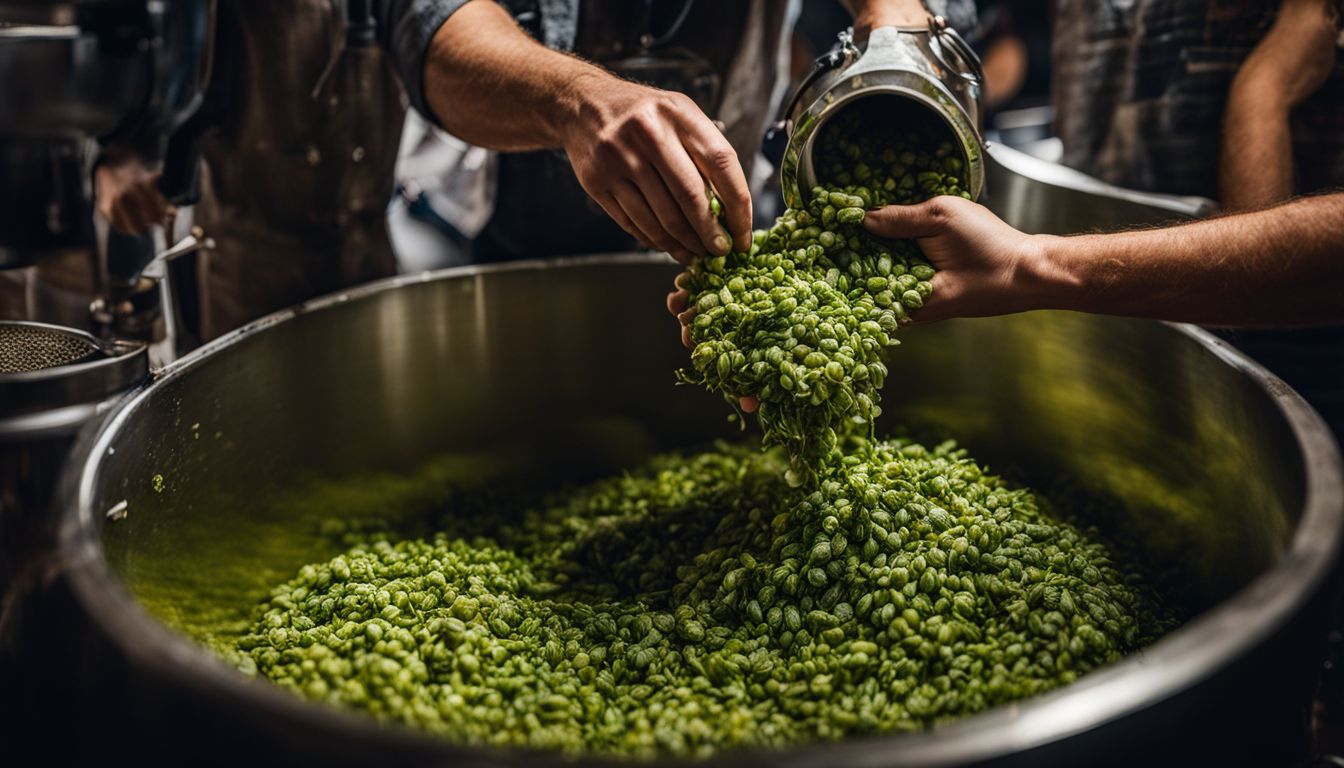 A brewer pouring hops into a fermenter surrounded by brewing equipment.