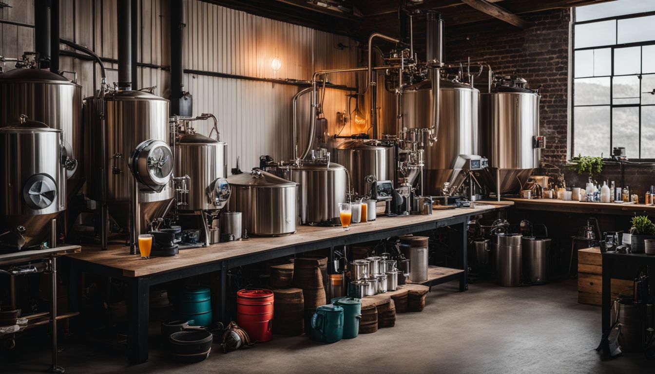 Homebrewing setup with various equipment and ingredients in a bustling atmosphere.