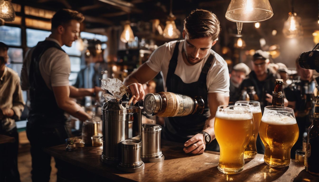 Person pours beer from keg surrounded by brewing equipment in busy atmosphere.