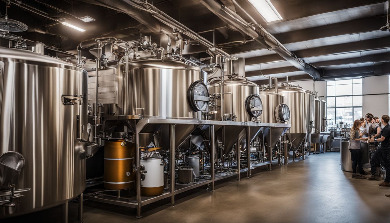 Clean and organized brewing station with diverse people and equipment.
