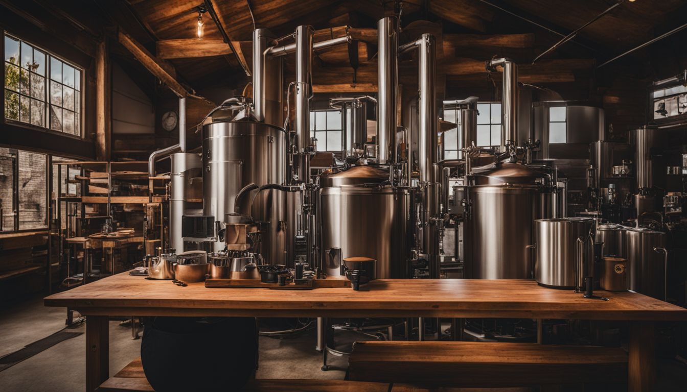 A diverse brewing setup with various equipment and different people.