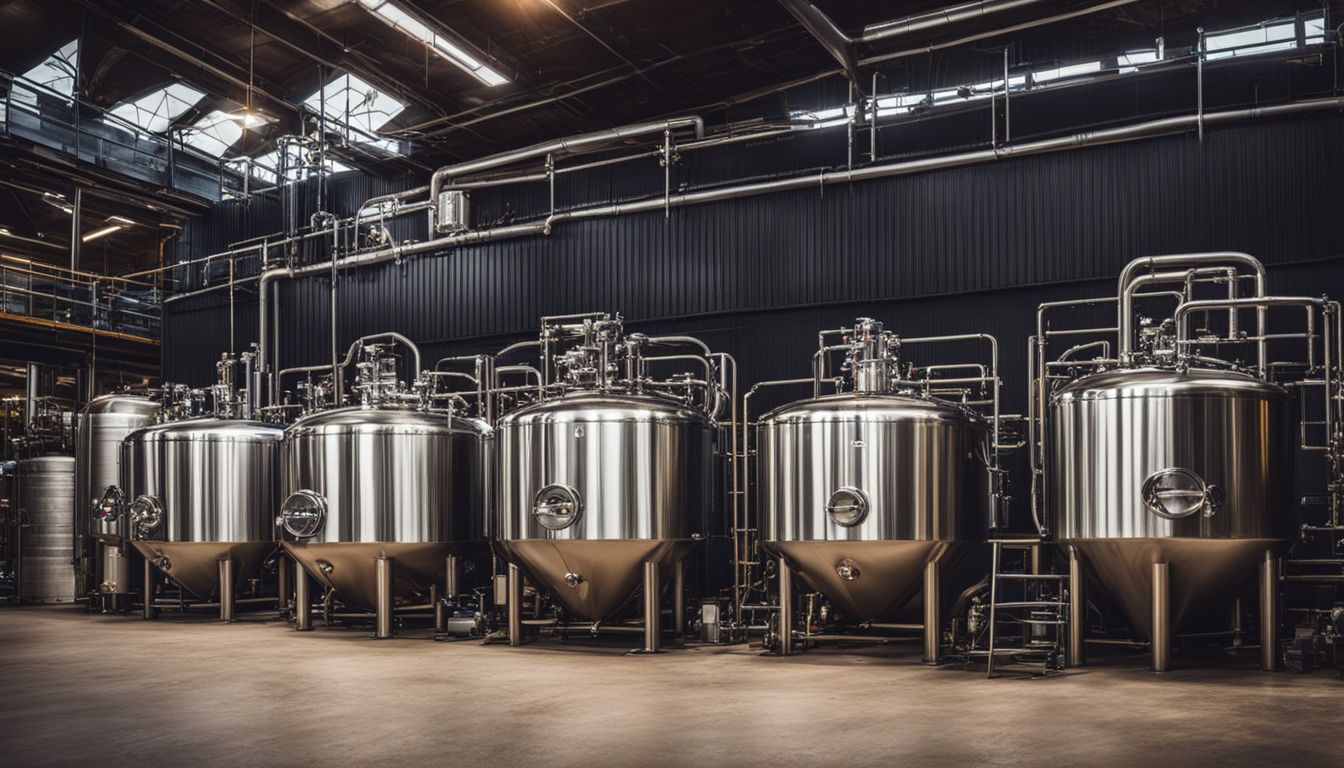 Photo of beer conditioning tanks in brewery with diverse people and styles.