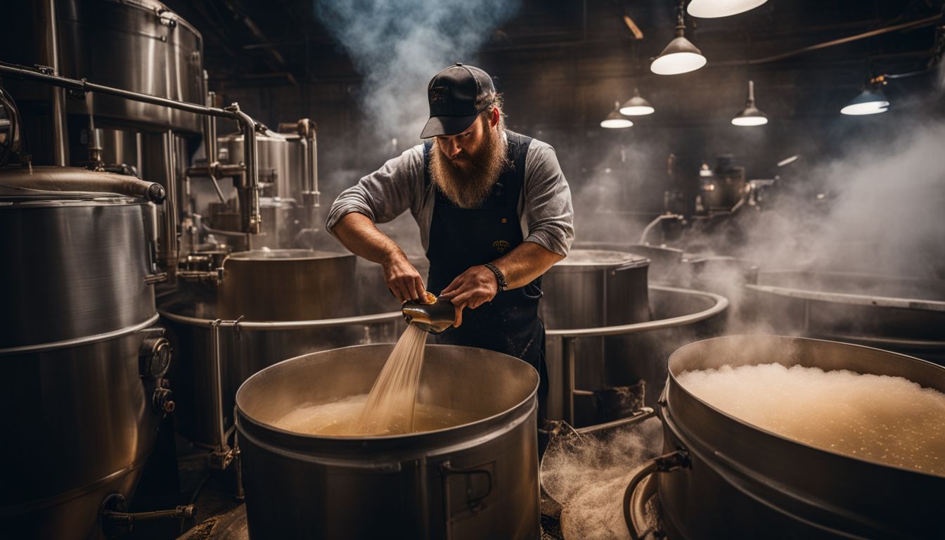 A brewer stirring mash tun in a bustling industrial setting.