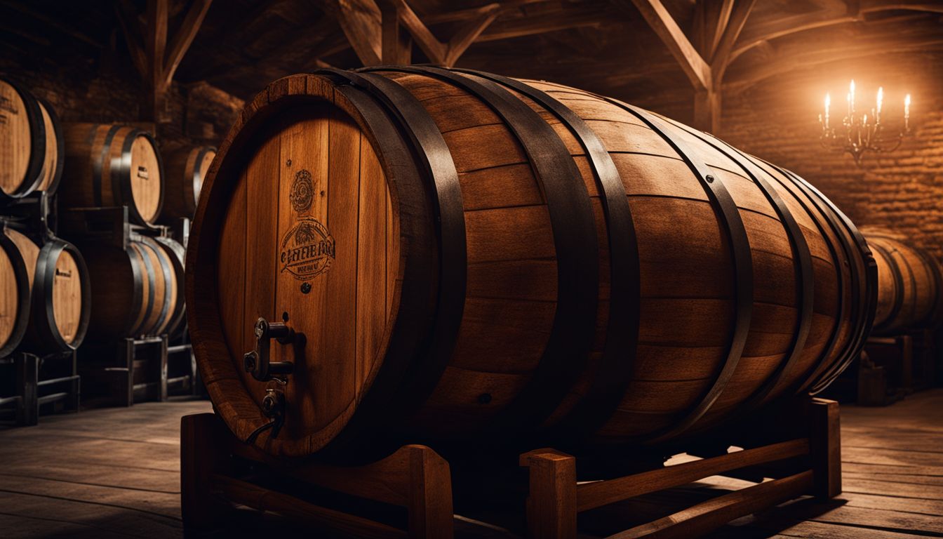 A photo of a barrel of beer in a cellar.