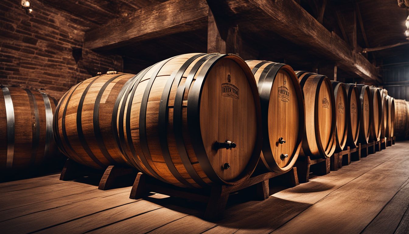 Barrel-aging in brewing with beer barrels in a brewery cellar.