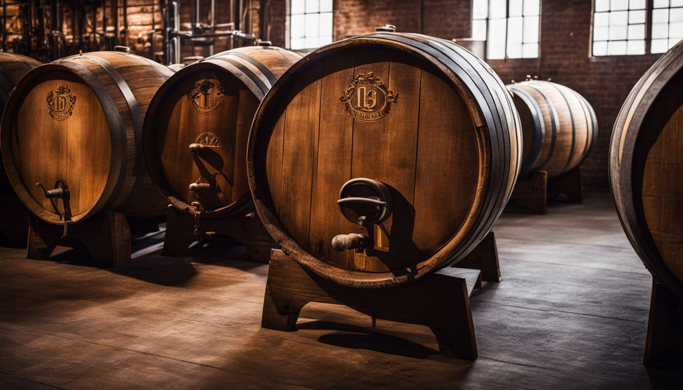 A photo of diverse beer barrels in a rustic brewery.