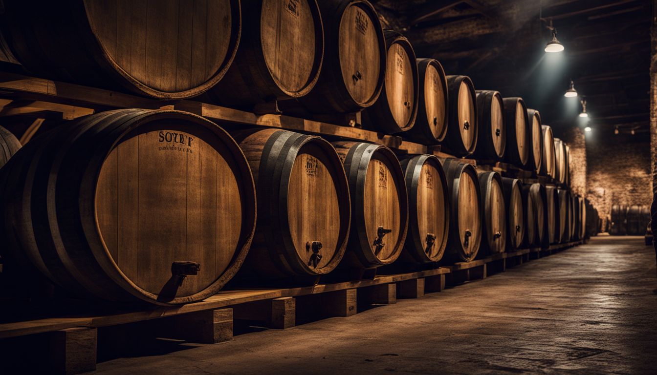A diverse row of barrels in a cellar with a cinematic atmosphere.