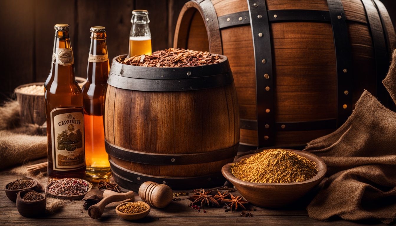 A still life photograph of a barrel surrounded by beer bottles, oak chips, and spices.