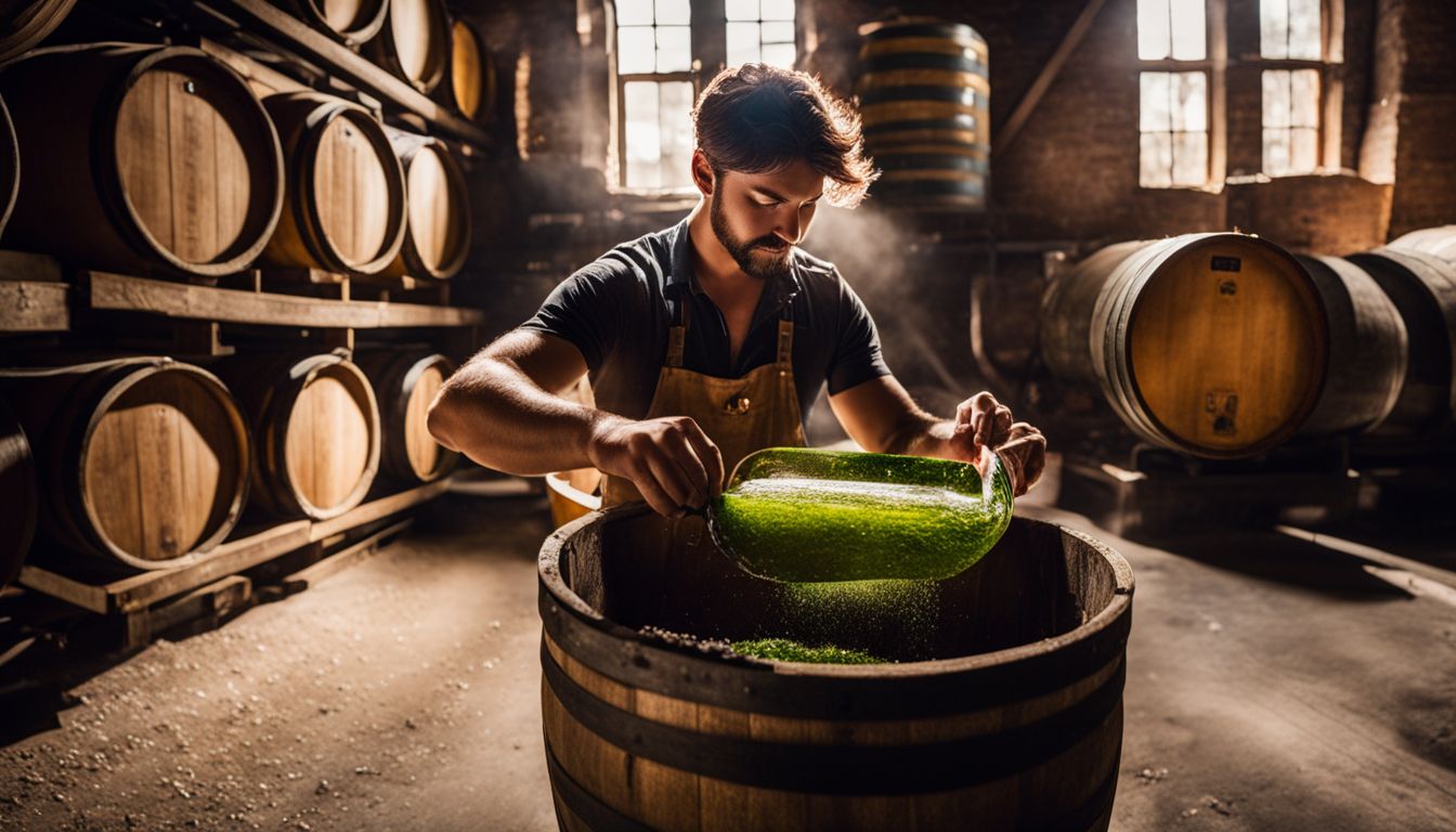 A brewery worker blends aged barrels of beer in a rustic cellar.