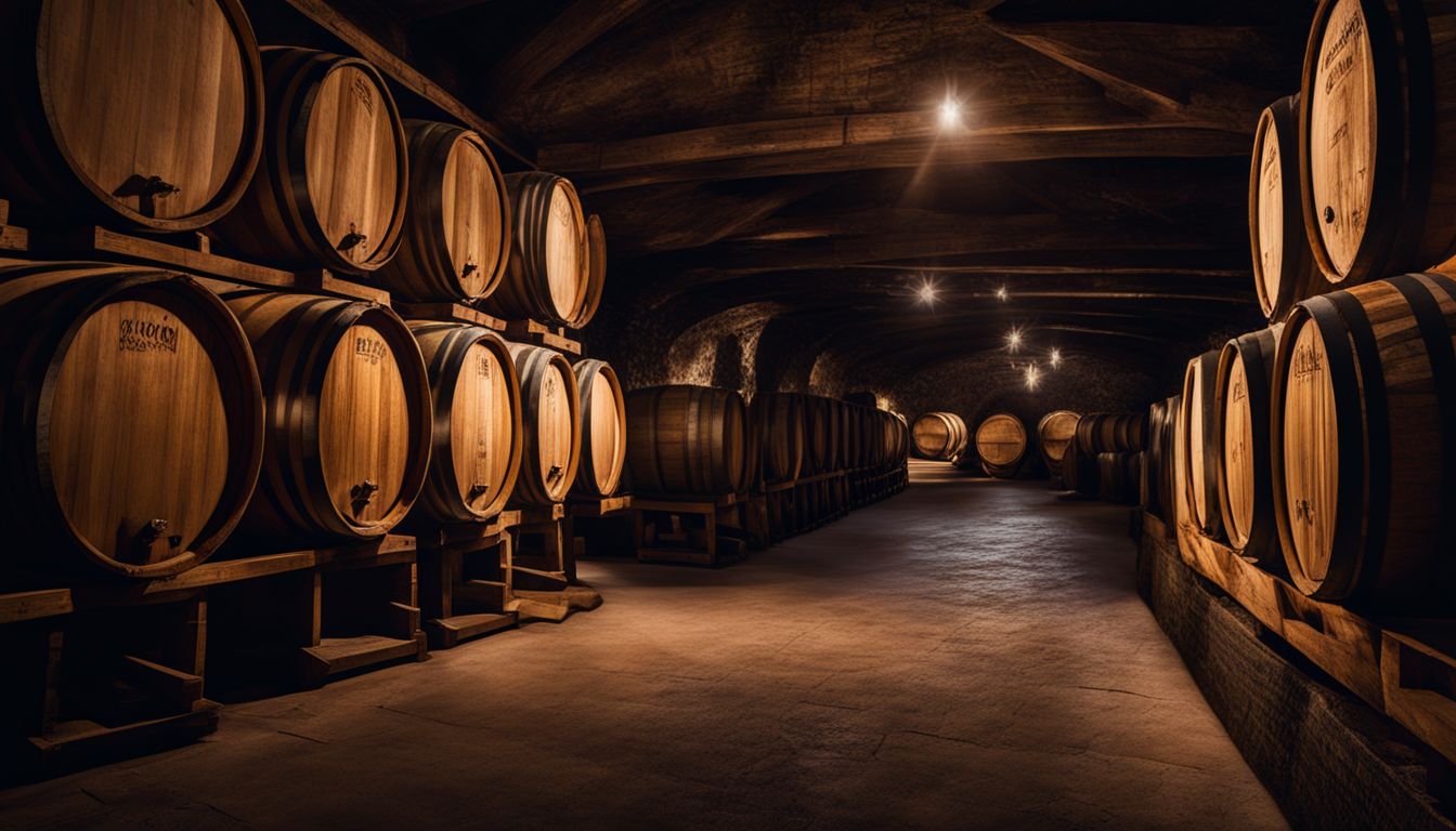 Row of wooden barrels in a dimly lit cellar with diverse people.